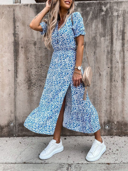 V-neck Print Split Long Dress