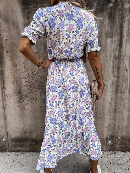V-neck Print Split Long Dress
