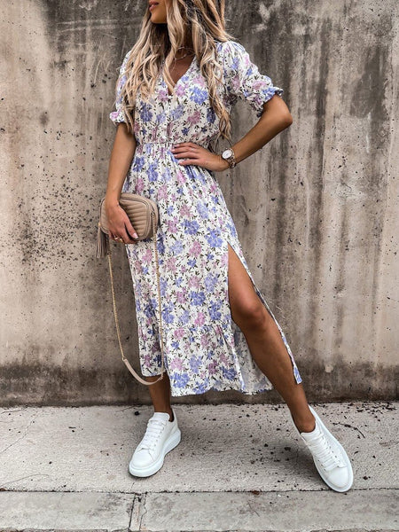 V-neck Print Split Long Dress