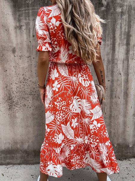 V-neck Print Split Long Dress