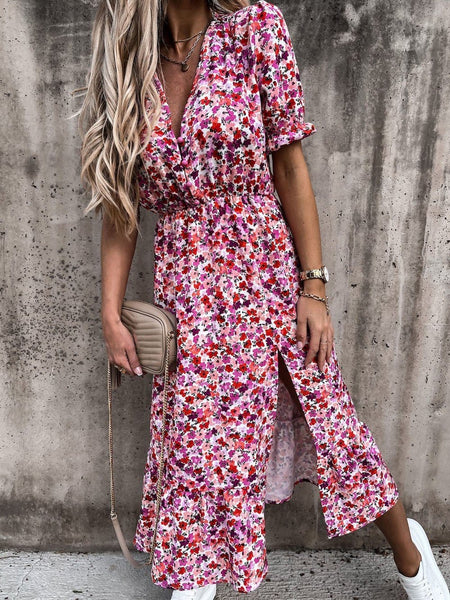 V-neck Print Split Long Dress