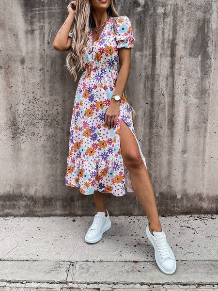 V-neck Print Split Long Dress