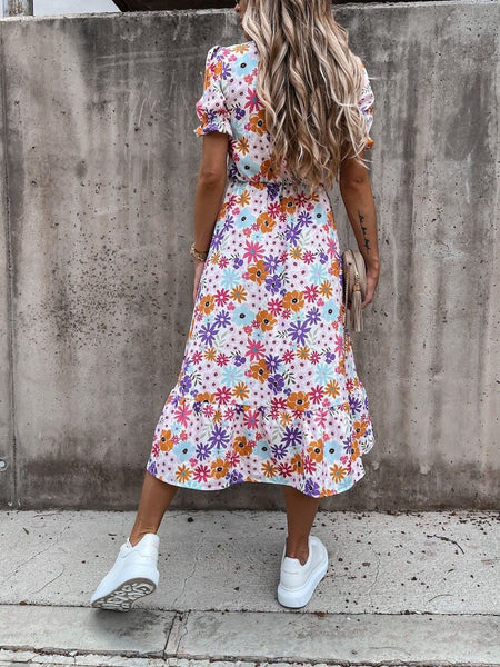 V-neck Print Split Long Dress