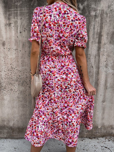 V-neck Print Split Long Dress