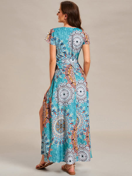 V-Neck Printed Cocktail Dress with Side Split