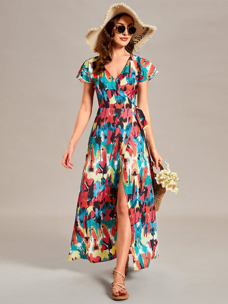 V-Neck Printed Cocktail Dress with Side Split