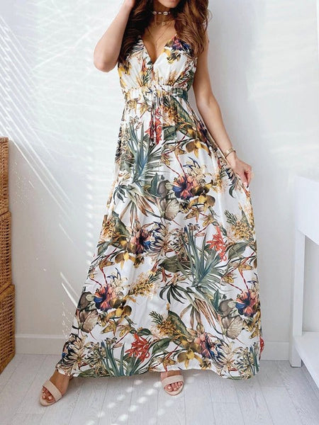 V Neck Printed Strap Maxi Dress