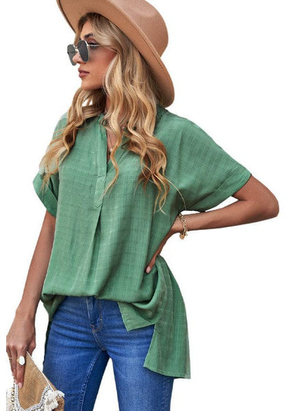 V-Neck Pullover Women'S Loose Cotton Top With Contrasting Elements