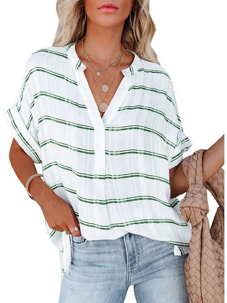 V-Neck Pullover Women'S Loose Cotton Top With Contrasting Elements