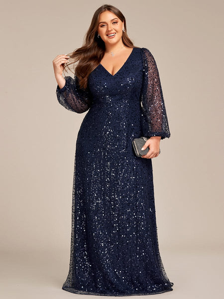 Women's Burgundy Sequin A-Line Gown with Lantern Sleeves
