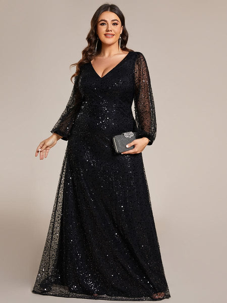 Women's Burgundy Sequin A-Line Gown with Lantern Sleeves