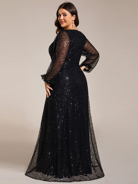 Women's Burgundy Sequin A-Line Gown with Lantern Sleeves