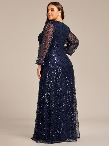 Women's Burgundy Sequin A-Line Gown with Lantern Sleeves