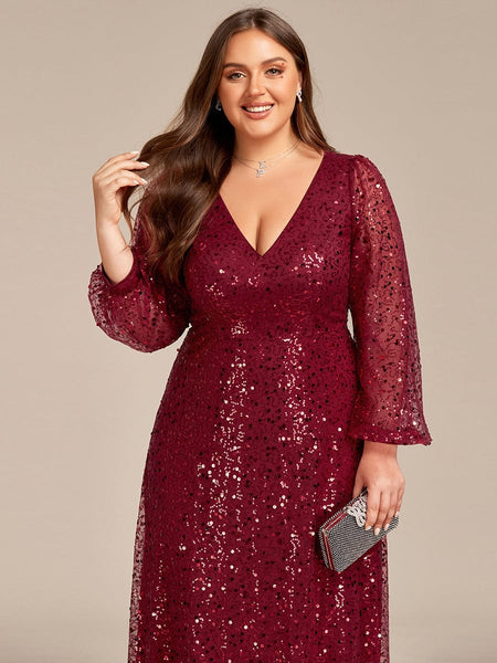 Women's Burgundy Sequin A-Line Gown with Lantern Sleeves