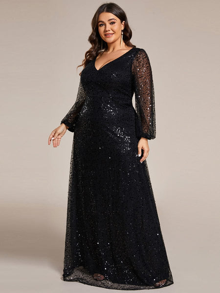 Women's Burgundy Sequin A-Line Gown with Lantern Sleeves