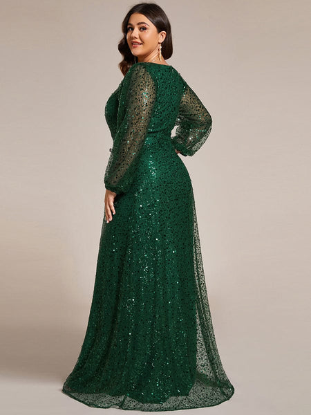 Women's Burgundy Sequin A-Line Gown with Lantern Sleeves