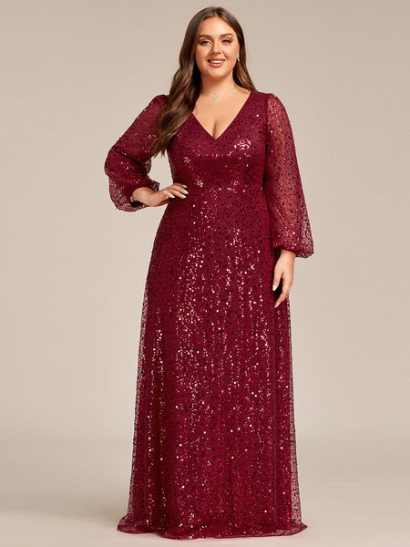 Women's Burgundy Sequin A-Line Gown with Lantern Sleeves