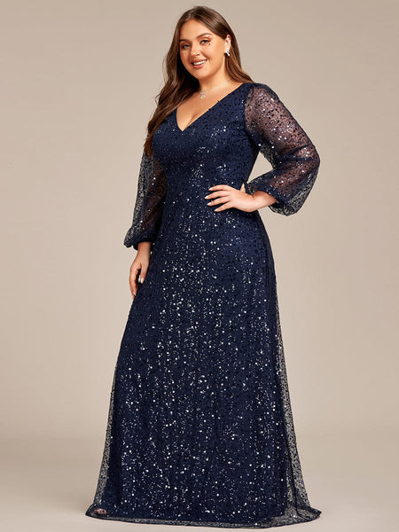 Women's Burgundy Sequin A-Line Gown with Lantern Sleeves