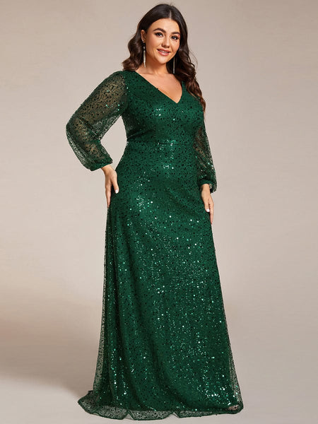 Women's Burgundy Sequin A-Line Gown with Lantern Sleeves