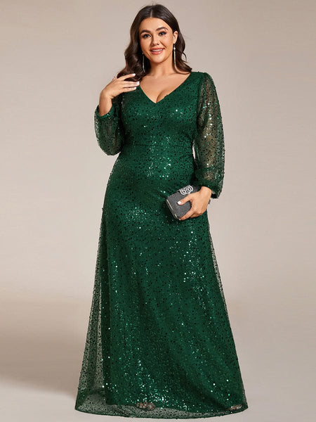 Women's Burgundy Sequin A-Line Gown with Lantern Sleeves