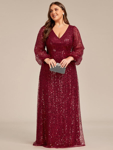 Women's Burgundy Sequin A-Line Gown with Lantern Sleeves
