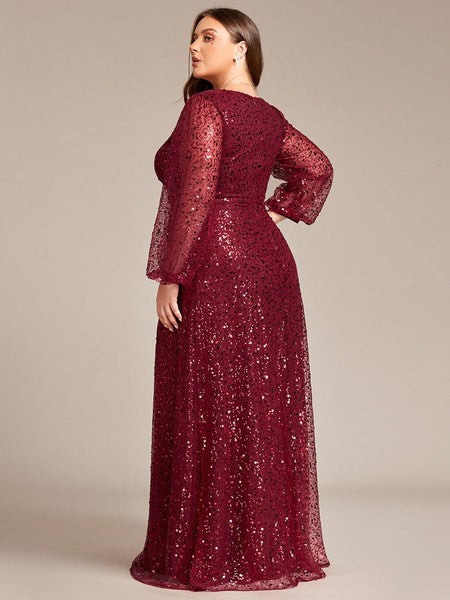 Women's Burgundy Sequin A-Line Gown with Lantern Sleeves