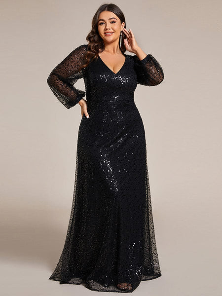 Women's Burgundy Sequin A-Line Gown with Lantern Sleeves