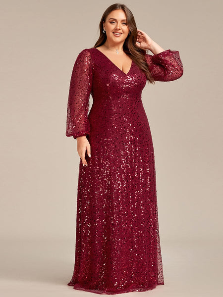 Women's Burgundy Sequin A-Line Gown with Lantern Sleeves