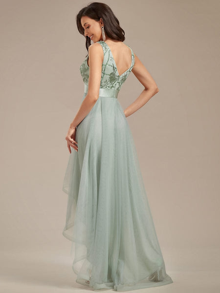 Women's Rust V-Neck Sequin Tulle High-Low Formal Gown
