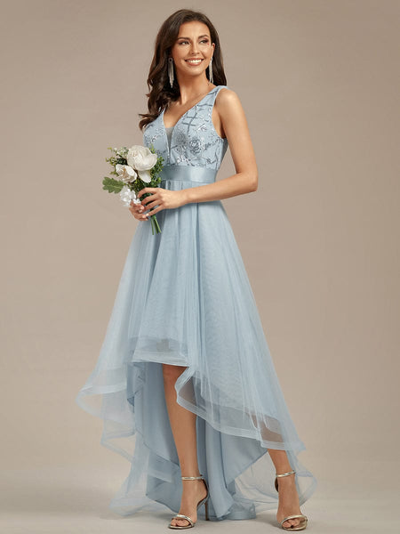 Women's Rust V-Neck Sequin Tulle High-Low Formal Gown