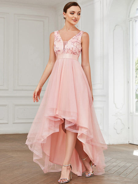 Women's Rust V-Neck Sequin Tulle High-Low Formal Gown
