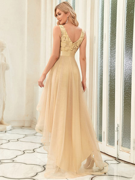 Women's Rust V-Neck Sequin Tulle High-Low Formal Gown