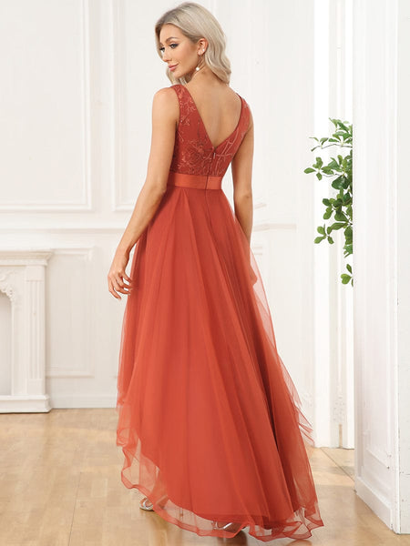Women's Rust V-Neck Sequin Tulle High-Low Formal Gown