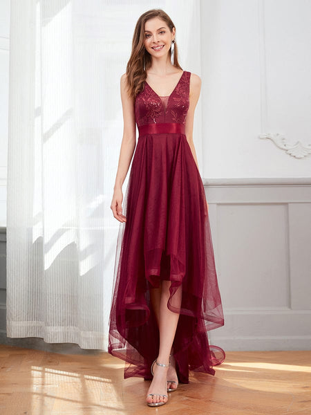 Women's Rust V-Neck Sequin Tulle High-Low Formal Gown