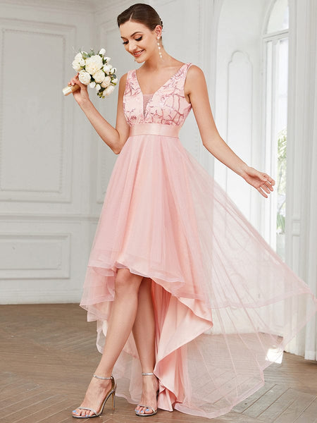 Women's Rust V-Neck Sequin Tulle High-Low Formal Gown