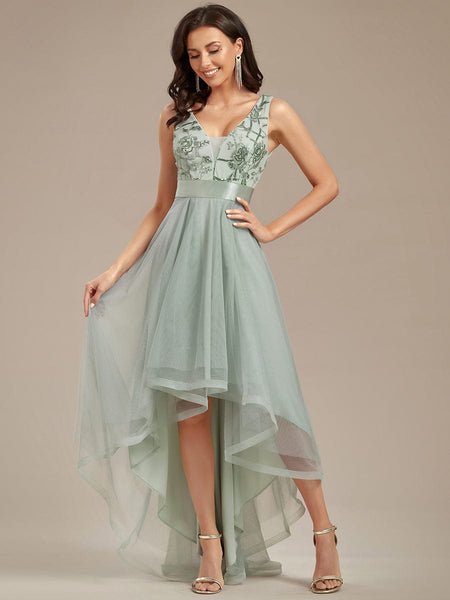 Women's Rust V-Neck Sequin Tulle High-Low Formal Gown