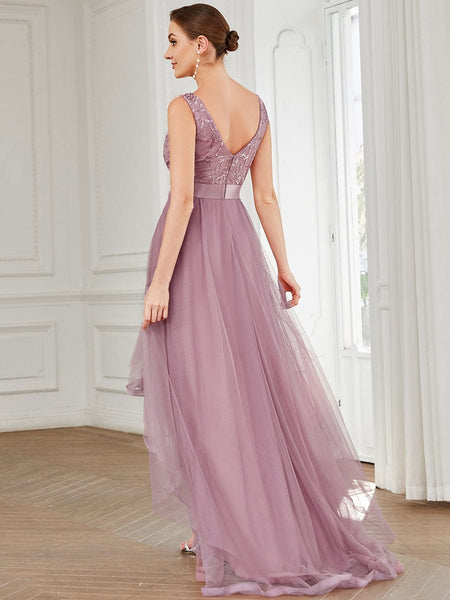 Women's Rust V-Neck Sequin Tulle High-Low Formal Gown