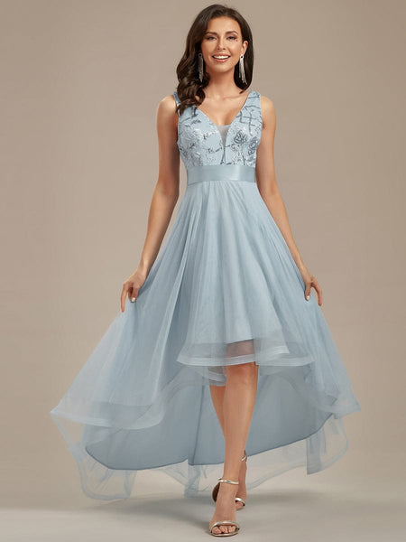 Women's Rust V-Neck Sequin Tulle High-Low Formal Gown
