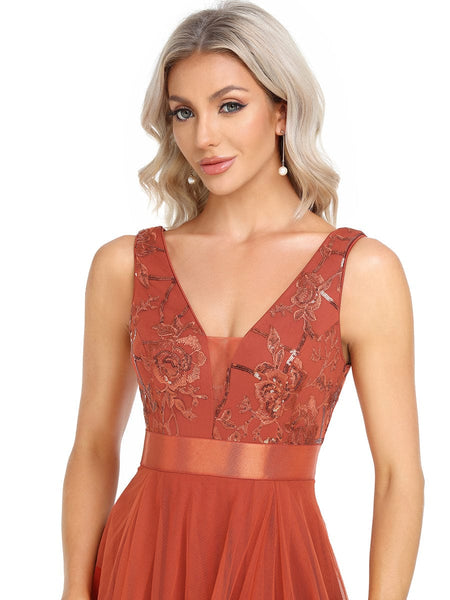 Women's Rust V-Neck Sequin Tulle High-Low Formal Gown