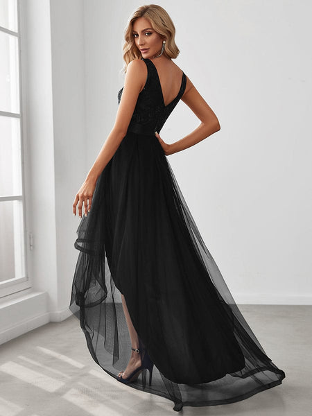 Women's Rust V-Neck Sequin Tulle High-Low Formal Gown