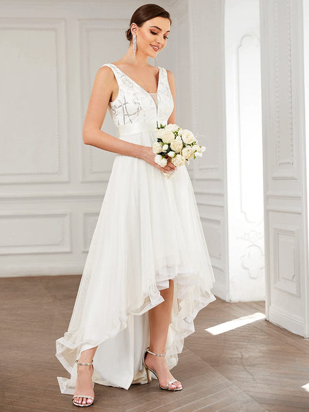 Women's Rust V-Neck Sequin Tulle High-Low Formal Gown