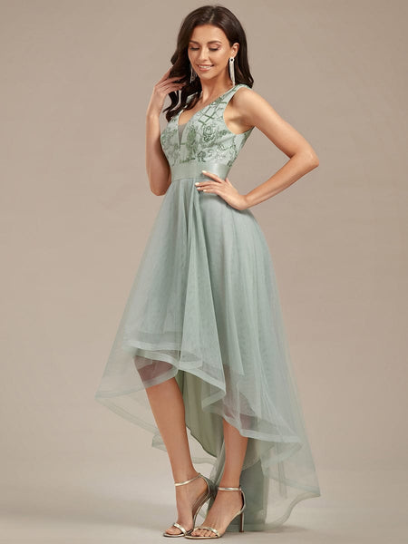 Women's Rust V-Neck Sequin Tulle High-Low Formal Gown