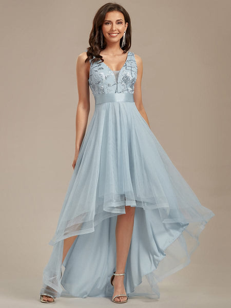 Women's Rust V-Neck Sequin Tulle High-Low Formal Gown