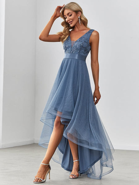 Women's Rust V-Neck Sequin Tulle High-Low Formal Gown