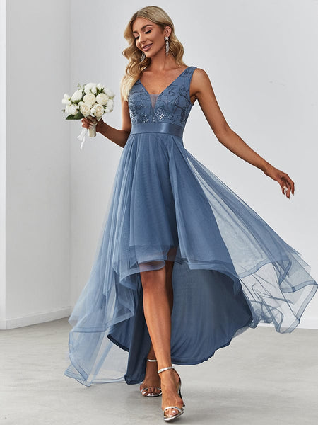 Women's Rust V-Neck Sequin Tulle High-Low Formal Gown
