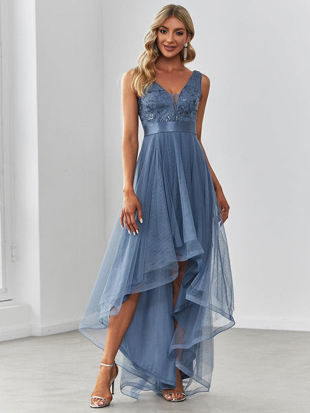 Women's Rust V-Neck Sequin Tulle High-Low Formal Gown