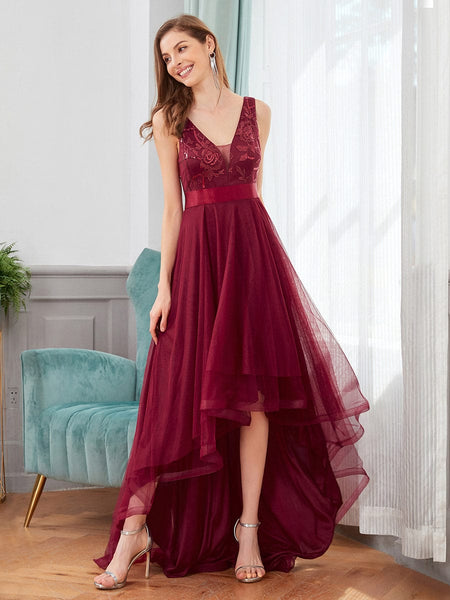 Women's Rust V-Neck Sequin Tulle High-Low Formal Gown
