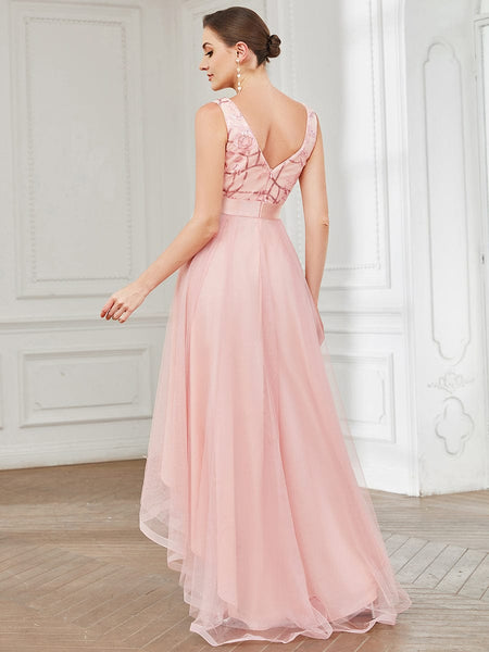Women's Rust V-Neck Sequin Tulle High-Low Formal Gown