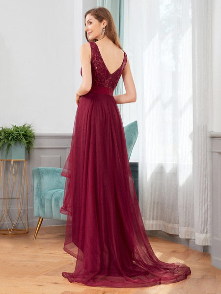 Women's Rust V-Neck Sequin Tulle High-Low Formal Gown