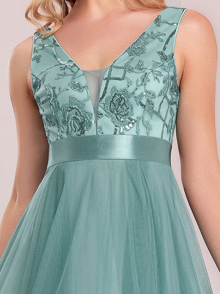 Women's Rust V-Neck Sequin Tulle High-Low Formal Gown